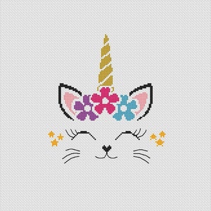 Cute easy unicorn cat cross stitch pattern - Unicorn eyelashes flowers Silhouette - Animal modern home decor - baby counted cross stitch