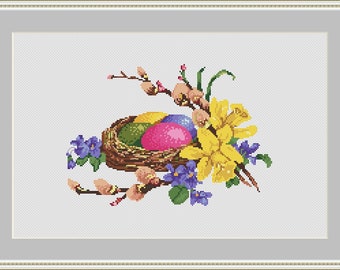 Easter cross stitch pattern pdf, Floral eggs nest DIY, Nedlepoint Gift pillow designs, Cute Wall Decor, Counted Spring Flower Chart,