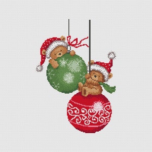 Christmas cross stitch pattern - Bears on red ball - Noel point de croix - Cute animals pattern - Polar teddy bears pdf - Small easy gifts