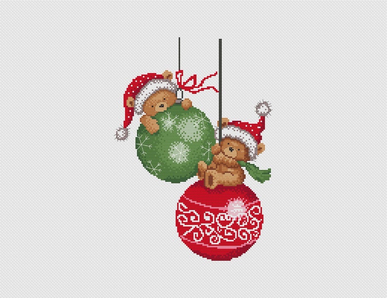 Christmas Cross Stitch Pattern Bears on Red Ball Noel Etsy