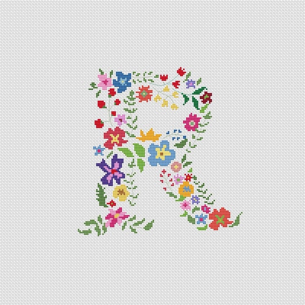 Letter cross stitch R pattern - Floral initial name - Modern monogram - Flower embroidery- Easy font cross stitch- Personalized gift for her