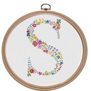 Letter cross stitch S pattern - Floral initial name - Modern monogram - Flower embroidery- Easy font cross stitch- Personalized gift for her