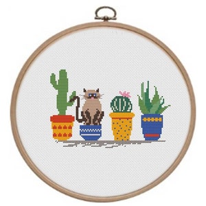 Cactus cross stitch pattern - Boho cat small pdf - Plant wall art - South western botany - Succulent bright set - Beginner easy flower gift
