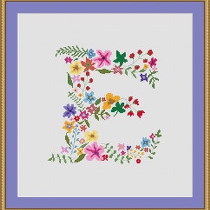 Floral monogram cross stitch pattern pdf - Modern letter E counted font - Wedding needlepoint name pillow - Flower words initial alphabet