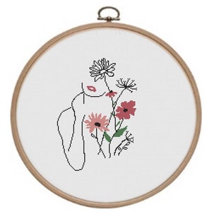 Female cross stitch pattern - Feminist counted pdf - Woman boho rose design - Floral easy pattern - Terracotta cross stitch - One line art