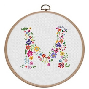 Initial M cross stitch pattern - Floral boho lettern hoop art - Modern name embroidery - Flower monogram xstitch - Cute font personalized