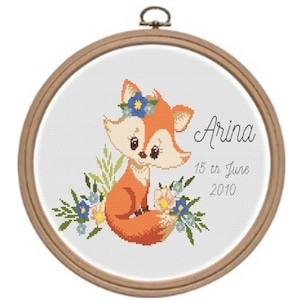 Birth announcement cross stitch pattern, Fox baby pillow cross  , Newborn gift girl, Woodland fox embroidery wallart design, Toddler decor