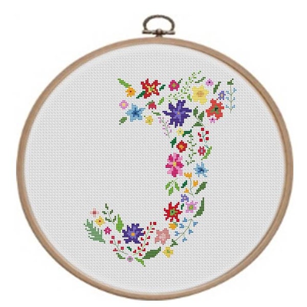 Letter cross stitch pattern - Boho monogram embroider - Modern flower initial - Font B cross stitch - Counted floral needlepoint - Name gift