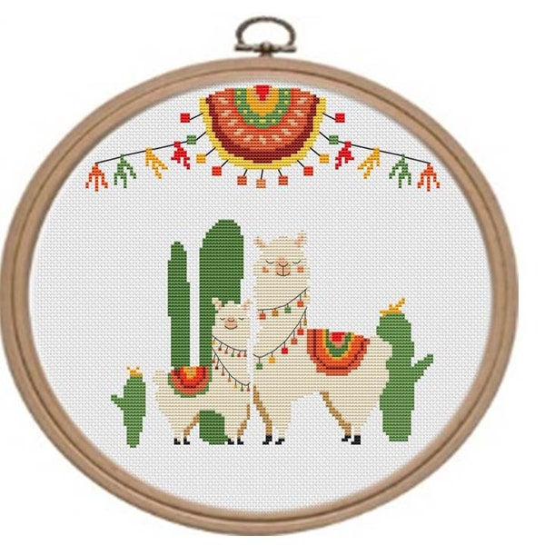 Patrón de punto de cruz de llama - Arte de aro moderno boho - Diseño de regalo diy para el día de las madres - Bordado fácil - Decoración de cactus bebé - Punto de cruz popular