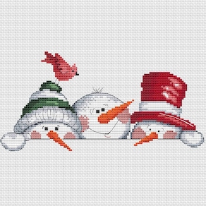 Snowmen cross stitch pattern, Christmas cross stitch pdf, Cute snowman design, Pillow cross stitch ornament