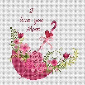 Flower cross stitch pattern PDF, Mother's day gift floral pink umbrella, Counted easy unique design, Mothers day card Nanny modern gift