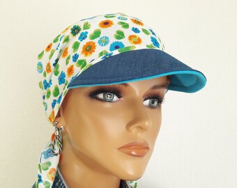 Women's cotton beach towel peaked cap sailcloth hat headscarf white blue colorful flowered 100% natural - also for hair loss, chemo