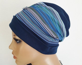 Damen Kopfbedeckung Beanie  Mütze Turban Beidseitig Dunkel Blau Weiß Türkis gestreift Chemo Alopezie