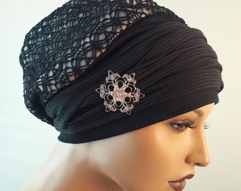 FESTLICHE  Damen Ballonmütze MÜTZE Schwarz Netzschtoff Jersey Stirnband 2teilig Chemo Alopezie
