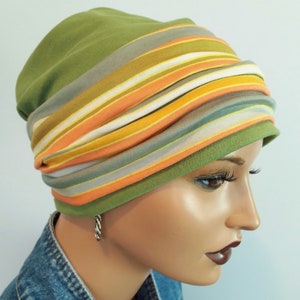 Ladies Headwear Wrap Cloth Beanie Turban Green Orange Beige Striped Ribbons Chemo 100% Cottoninstead Wig