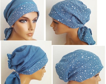 Women's light headscarf hat Jans/blue white dots organic cotton/muslin chemo cancer on both sides instead of a wig