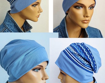 Sommer Kopfbedeckung Wendemütze  Beanie Mütze in 2 Varianten Bommelmütze Caps  Baumwolle Blau Weiß Streifen Jersey Chemo Alopezie