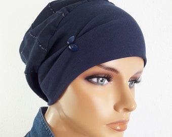 FESTLICHE Damen Ballonmütze MÜTZE Beanie  Dunkel Blau Lurex Bestikt Baumwolle Jersey Band Chemo Alopezie