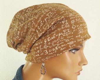 Coole Wendemütze Mütze Beanie Turban  Braun Oliv Schrift Baumwolle Viskose Jersey   Chemo Alopezie statt Perücke