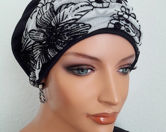 LUXUS Damen Ballonmütze Mütze Beanie Baskenmütze Schwarz Weis Stirnband Glitzer 2 tg. Chemo Alopezie statt Perücke