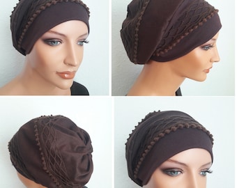 LUXUS Ballonmütze Turban Beanie Baskenmütze Braun Baumwolle Festlich Chemo Krebs statt Perücke