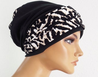 DAMEN Wendemütze  Beanie Mütze + Stirnband Schwarz  2 Teilig weiche Baumwolle Jersey f. Chemo Alopezie Stadt Perücke