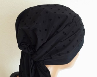 Women's headscarf with hat bandana turban black velvet flakes / polka dots jersey chemo alopecia instead of wig