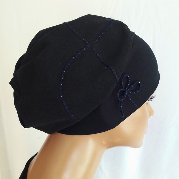 FESTIVE Casquette Ballon Femme CAP Turban Beanie Deep Black avec Lürex Brodé Coton Jersey/Band Chemo Alopecia