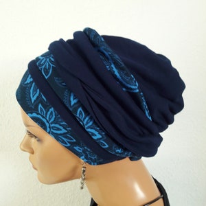 Originelle Damen Kopfbedeckung Wickeltuch Mütze Turban Dunkel Blau 2 Varianten Chemo Baumwolle Jersey statt Perücke Bild 2