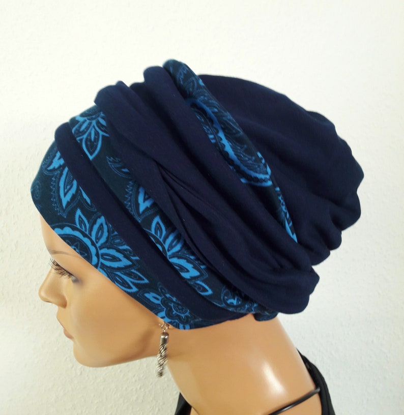 Originelle Damen Kopfbedeckung Wickeltuch Mütze Turban Dunkel Blau 2 Varianten Chemo Baumwolle Jersey statt Perücke Bild 2