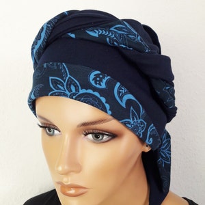 Originelle Damen Kopfbedeckung Wickeltuch Mütze Turban Dunkel Blau 2 Varianten Chemo Baumwolle Jersey statt Perücke Bild 5