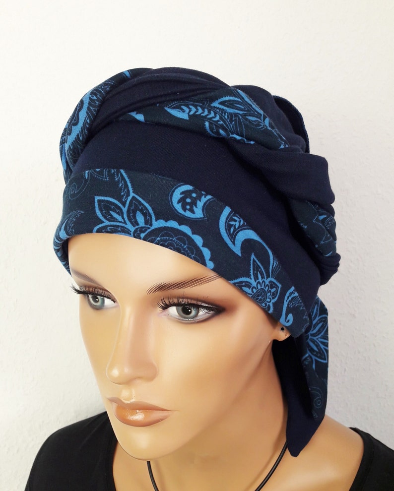 Originelle Damen Kopfbedeckung Wickeltuch Mütze Turban Dunkel Blau 2 Varianten Chemo Baumwolle Jersey statt Perücke Bild 5