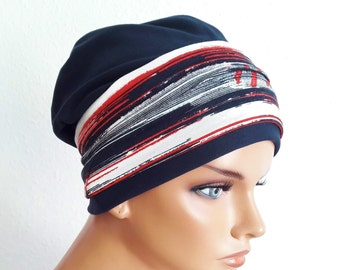 Damen Kopfbedeckung Beanie  Mütze Turban Stirnband 2 Teilig Dunkel Blau Weiß Rot Bunt Chemo Alopezie