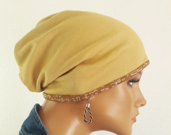 Coole Wendemütze Mütze Beanie Turban  Braun Oliv Schrift Baumwolle Viskose Jersey   Chemo Alopezie statt Perücke