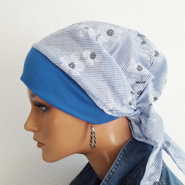 Leichte DAMEN Sommer Kopftuch Mütze  Hell Blau 100% Baumwolle -Batist Bestickte Blumen  Chemo Alopezie Krebs