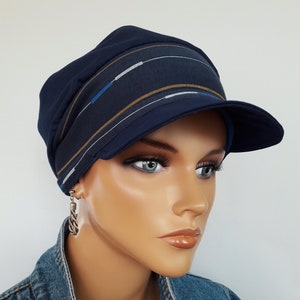 LUXUS Damen Schirmmütze Mütze Marine Blau Baumwolle Jersey-Streifen Band Chemo Alopezie Bild 6