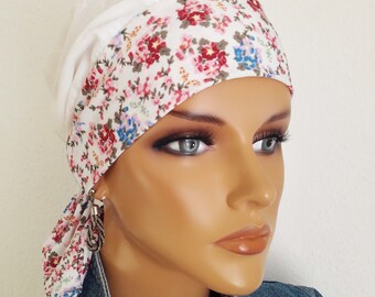 Damen Sommertuch Beanie Mütze Turban Baumwolle Jersey Weis/Bunt Rote Blümchen Super weich Chemo Alopezie statt Perücke