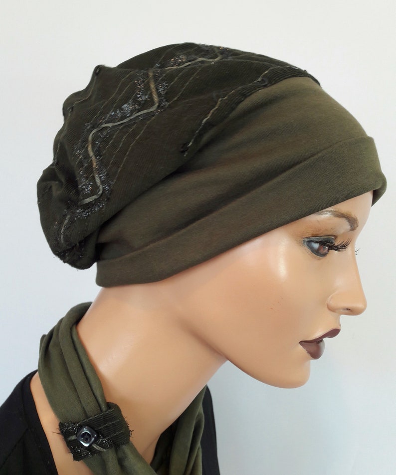 LUXURY Ladies Balloon Hat Winter Hat Dark Olive Kord with Pallets Embroidery CuffS Chemo Alopecia Instead of Wig