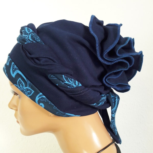 Original Women’s Headgear Wrap Beanie Turban Dark Blue 2 Variantes Chemo Cotton Jersey au lieu de Perruque