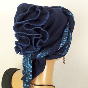 Originelle Damen Kopfbedeckung Wickeltuch Mütze Turban Dunkel Blau 2 Varianten Chemo Baumwolle Jersey statt Perücke Bild 7