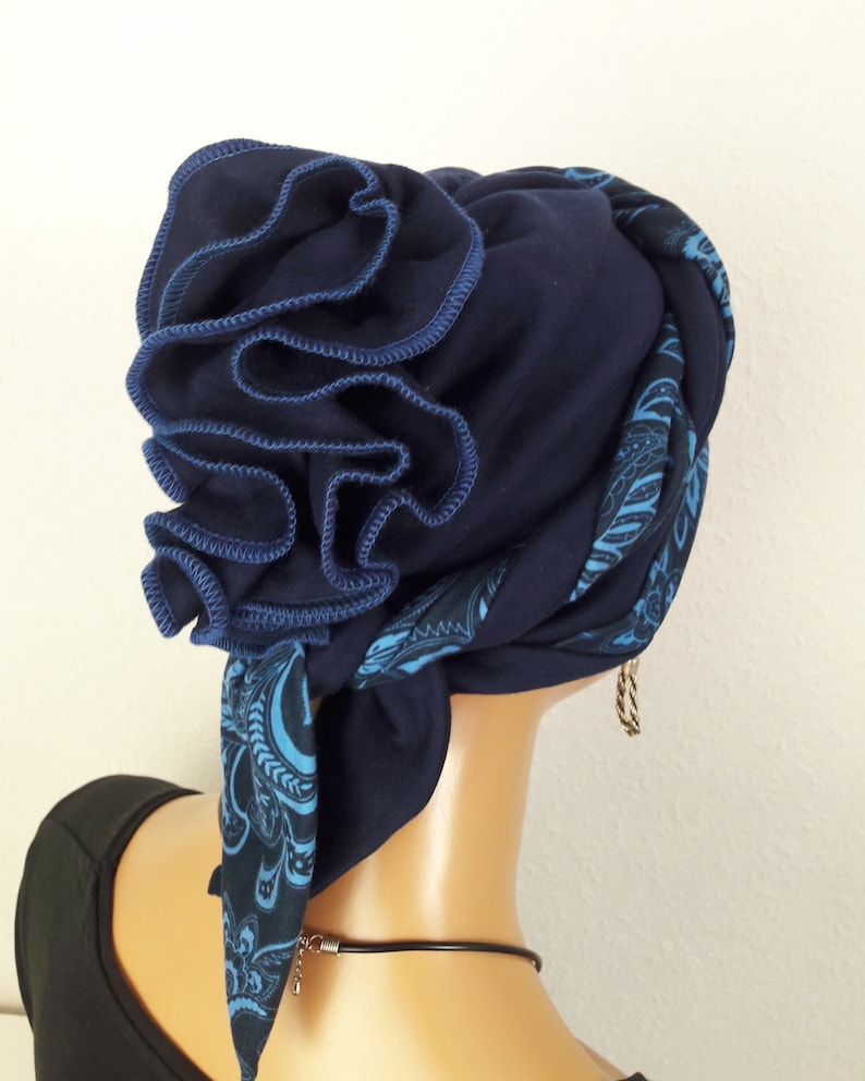 Originelle Damen Kopfbedeckung Wickeltuch Mütze Turban Dunkel Blau 2 Varianten Chemo Baumwolle Jersey statt Perücke Bild 7