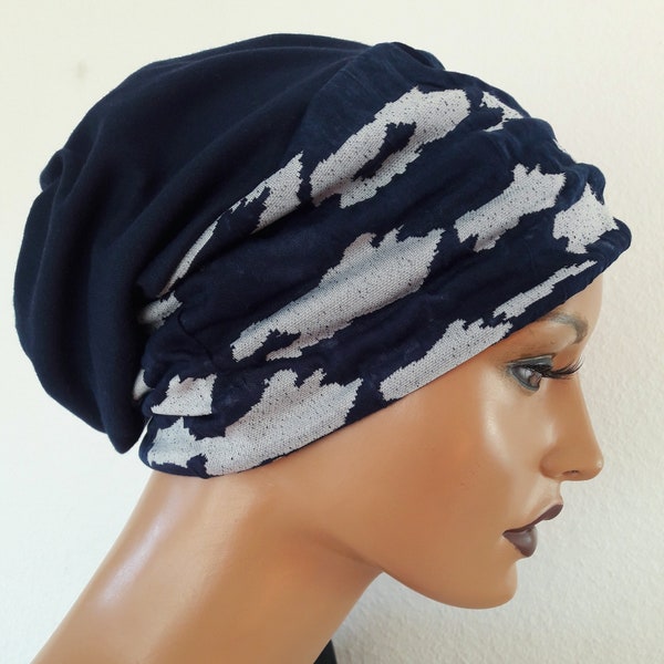 BONNET réversible pour femmes Bonnet Bonnet Casquette Bobble Caps Coton Jersey Bleu Beige Chemo Alopécie