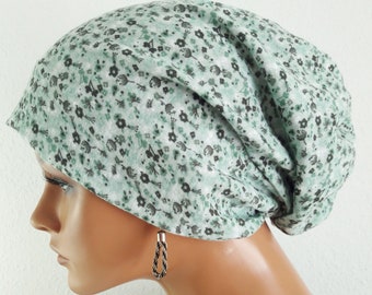 Damen Sommer Kopftuch Mütze Weiß Grün Streublümchen Öko-Baumwolle/Musselin  Chemo Krebs statt Perücke