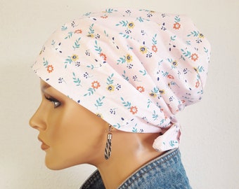 Sommer Kopftuch-Mütze Bandana Kabriotuch Hell/Rosa, Türkis Rote- Streublümchen 100% Baumwolle Batist Chemo Alopezie