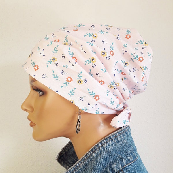 Sommer Kopftuch-Mütze Bandana Kabriotuch Hell/Rosa, Türkis Rote- Streublümchen 100% Baumwolle Batist Chemo Alopezie