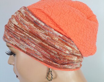 Damen Sommer Beanie Mütze Stirnband 2 tlg. Orange Beige  2 tg. weiche Struktur/Jersey Chemo Alopezie