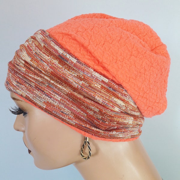 Damen Sommer Beanie Mütze Stirnband 2 tlg. Orange Beige  2 tg. weiche Struktur/Jersey Chemo Alopezie