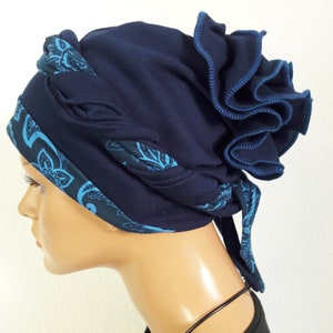 Originelle Damen Kopfbedeckung Wickeltuch Mütze Turban Dunkel Blau 2 Varianten Chemo Baumwolle Jersey statt Perücke Bild 3