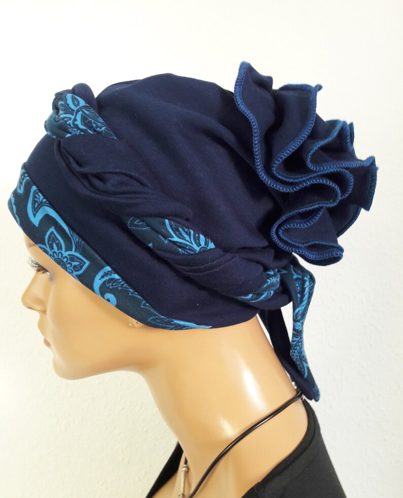 Originelle Damen Kopfbedeckung Wickeltuch Mütze Turban Dunkel Blau 2 Varianten Chemo Baumwolle Jersey statt Perücke Bild 3