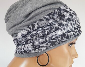 LUXUS Beanie turn beanie grey weis headband predatory cat motif 2 tg. Jersey Chemo Alopecia